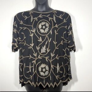 Vintage Carina Barry Lee 2X Silk Beaded blouse top shirt Gold black formal
